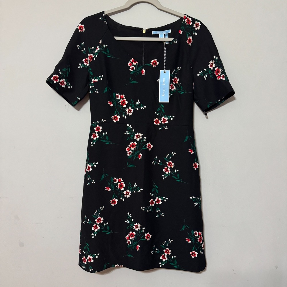Draper James Floral V Neck Dress Black Size 4 NWT Crepe Lightweight